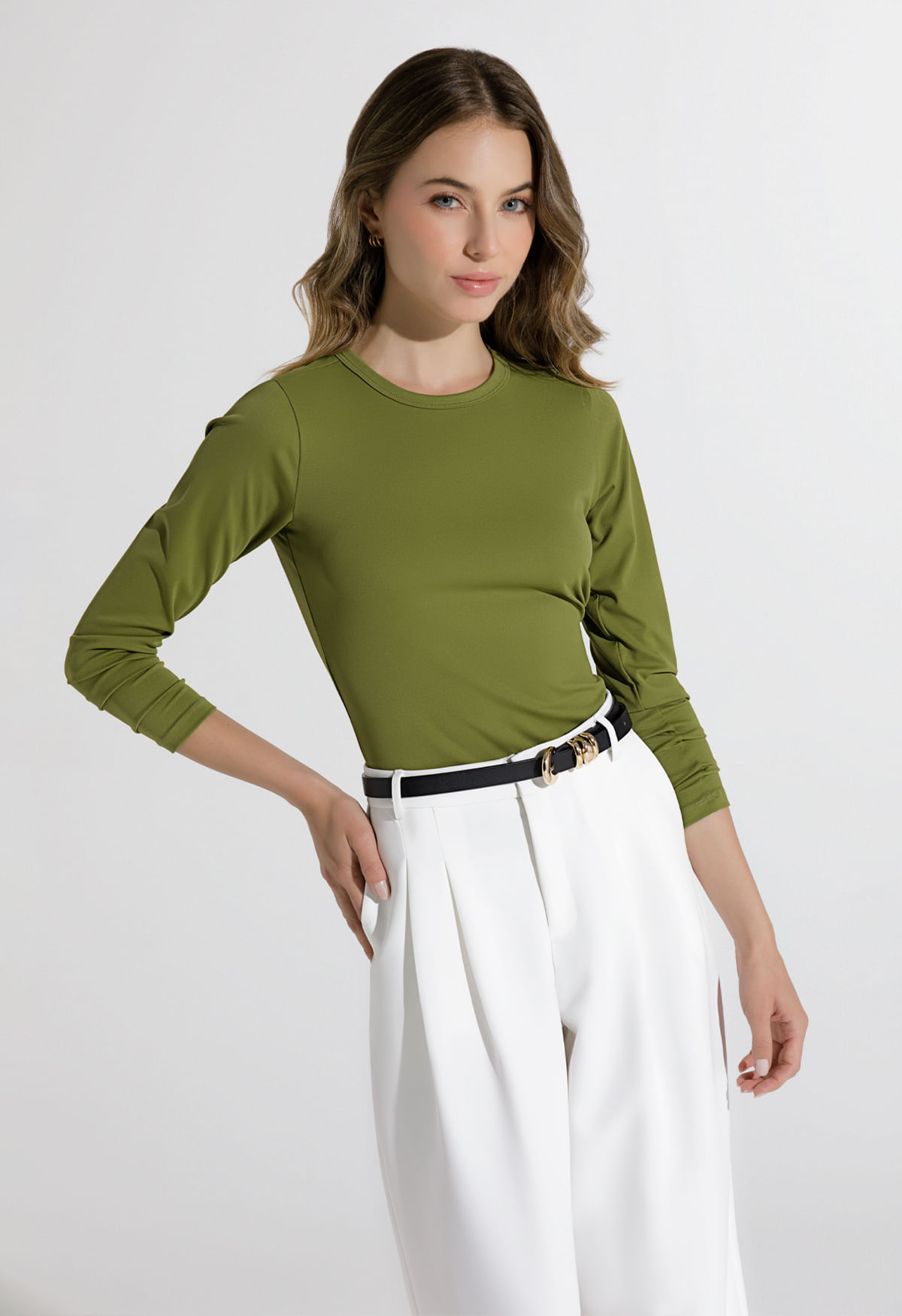 Blusa manga larga cuello redondo para mujer